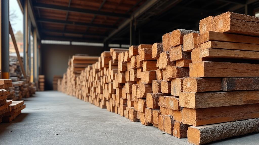 Cataste di tronchi di legno ordinatamente impilate in un'azienda lombarda.