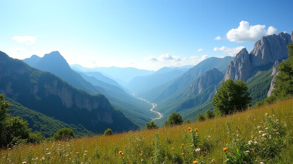 Paesaggio montuoso del Parco Nazionale d'Abruzzo in una giornata di sole.