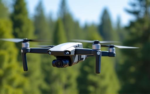 Drone in primo piano in volo sopra una pineta.
