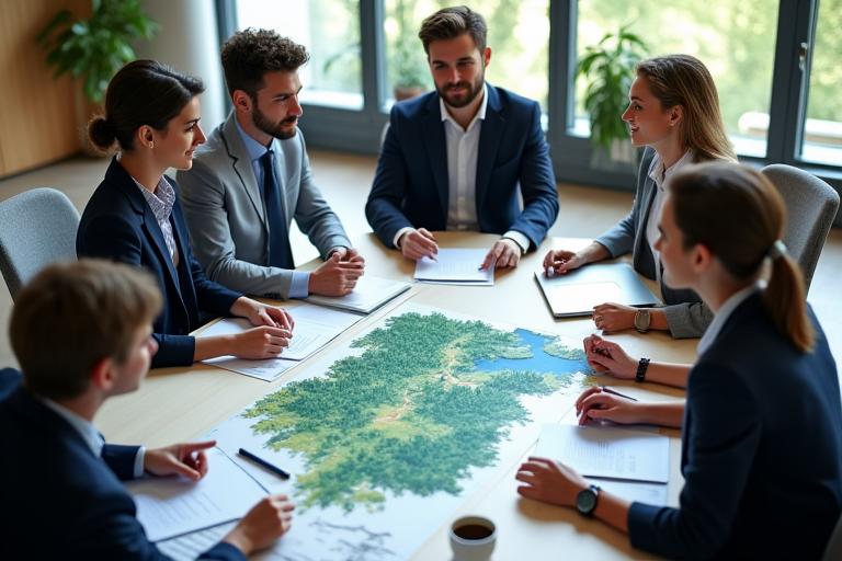 Il team di Albero Notizie in riunione discute un progetto su una mappa forestale.