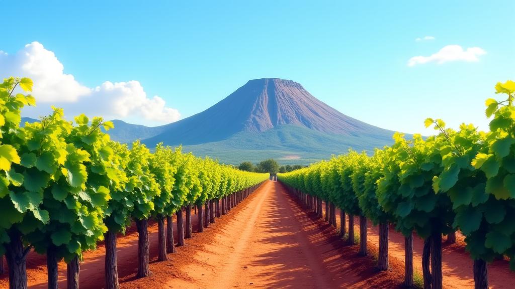Vigneto rigoglioso in Sicilia con un vulcano sullo sfondo.