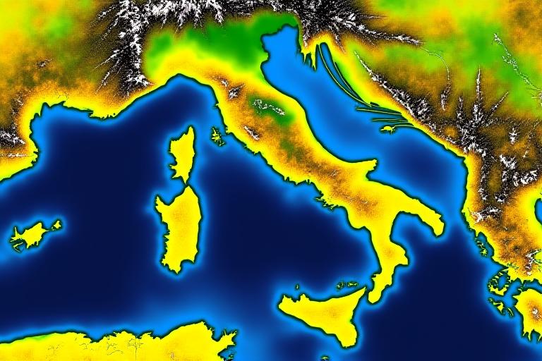 Immagine satellitare della penisola italiana con aree forestali evidenziate.